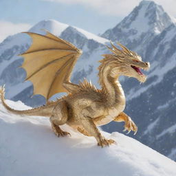 A golden Ghibli-style dragon winding its way around a snow-covered mountain