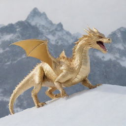 A golden Ghibli-style dragon winding its way around a snow-covered mountain