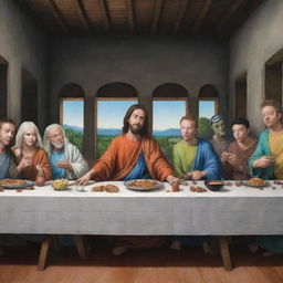 Generate an image of 'The Last Supper' painting with the characters Goku, Rick and Morty, Gon, Killua, Kira, Harry Potter, Naruto, Hisoka each in their unique animation style.