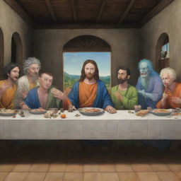 Generate an image of 'The Last Supper' painting with the characters Goku, Rick and Morty, Gon, Killua, Kira, Harry Potter, Naruto, Hisoka each in their unique animation style.