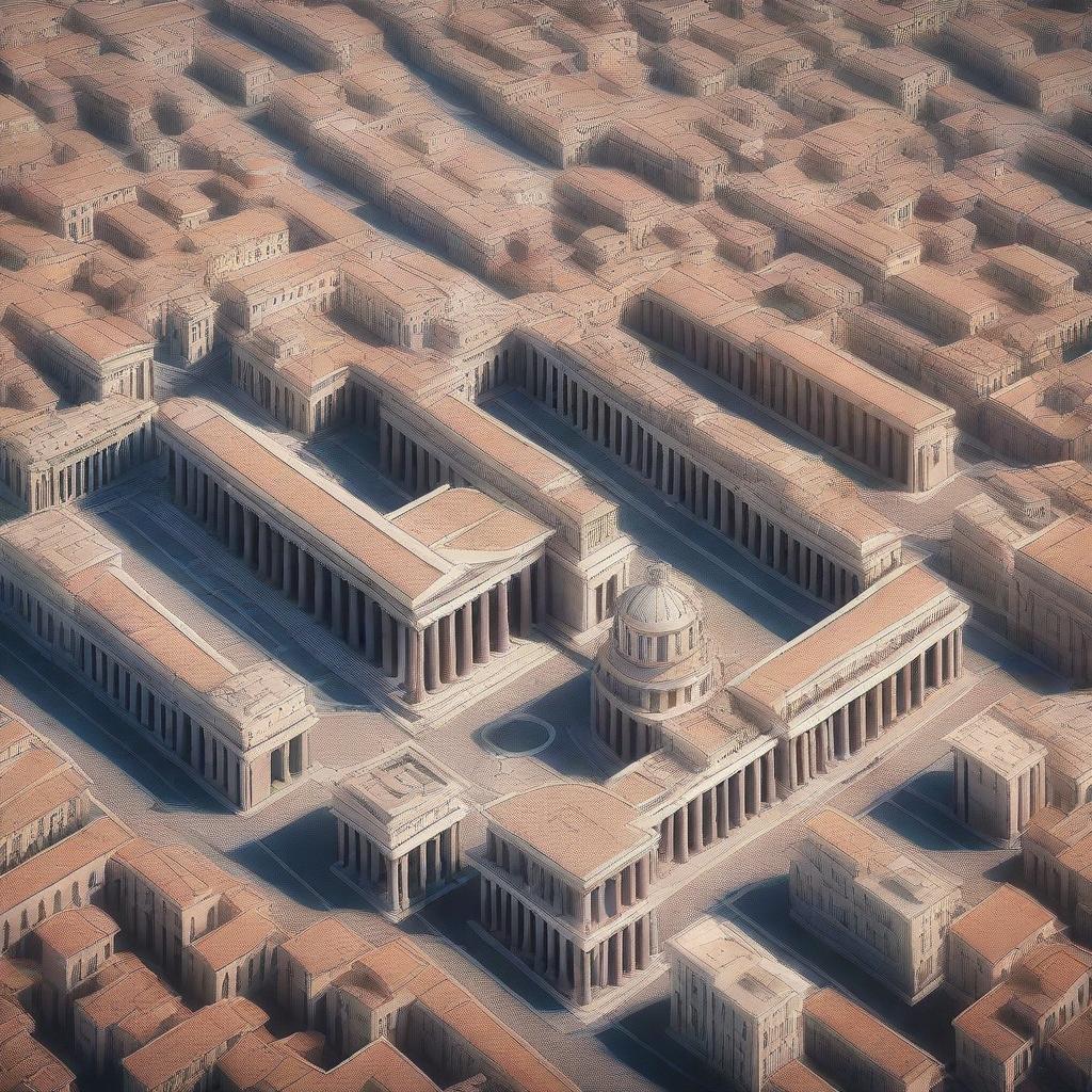 An aerial view of a modern city built in the style of the Roman Empire
