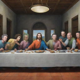 Generate an image of 'The Last Supper' painting with the characters Goku, Rick and Morty, Gon, Killua, Kira, Harry Potter, Naruto, Hisoka each in their unique animation style.