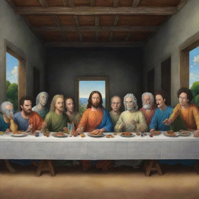 Generate an image of 'The Last Supper' painting with the characters Goku, Rick and Morty, Gon, Killua, Kira, Harry Potter, Naruto, Hisoka each in their unique animation style.