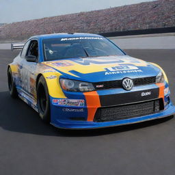 A Volkswagen car styled in a NASCAR mode, decked out in rich, bright colors, equipped with racing alterations, and festooned with various sponsor logos.