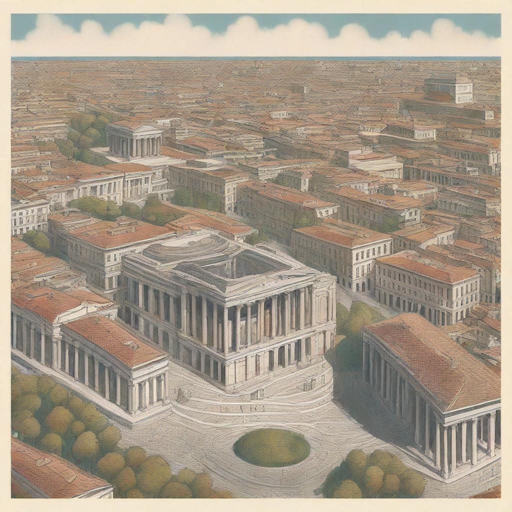 A book cover depicting an aerial view of a modern city built in the style of the Roman Empire