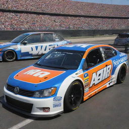 A Volkswagen car styled in a NASCAR mode, decked out in rich, bright colors, equipped with racing alterations, and festooned with various sponsor logos.