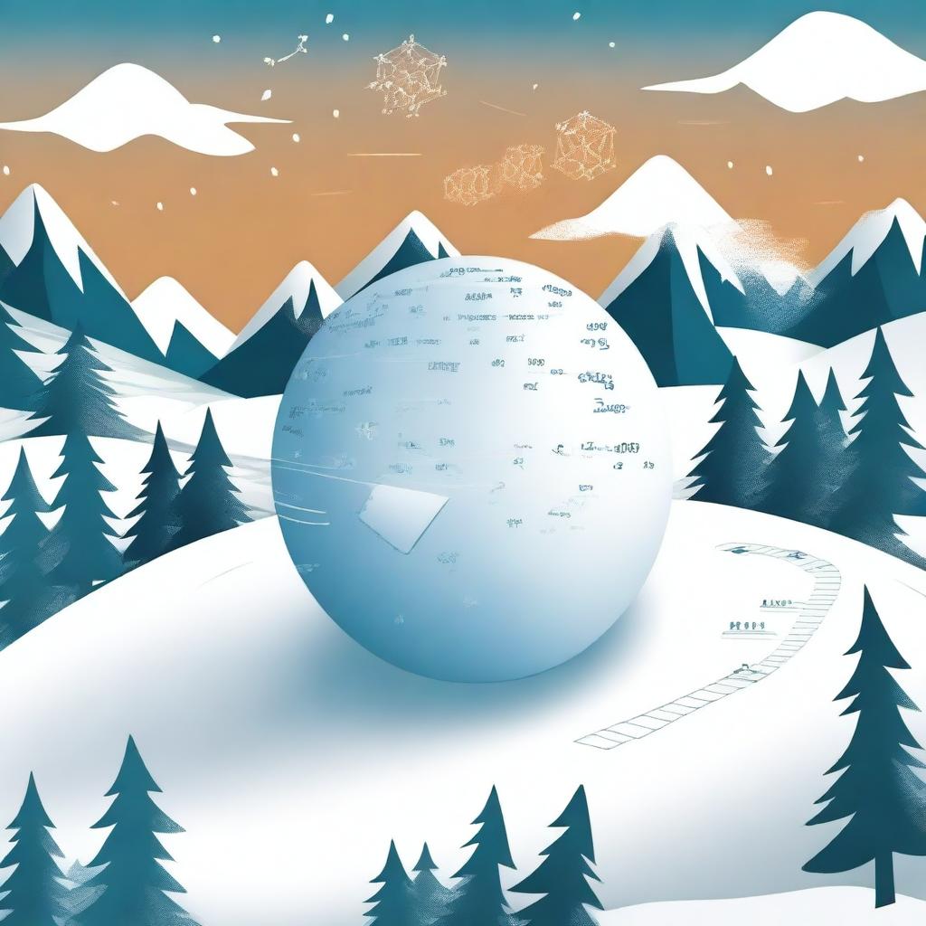 An illustration of a snowball rolling down a hill, with mathematical equations and differential equations floating around it, representing the physics and mathematics behind its motion