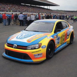 A Volkswagen car styled in a NASCAR mode, decked out in rich, bright colors, equipped with racing alterations, and festooned with various sponsor logos.