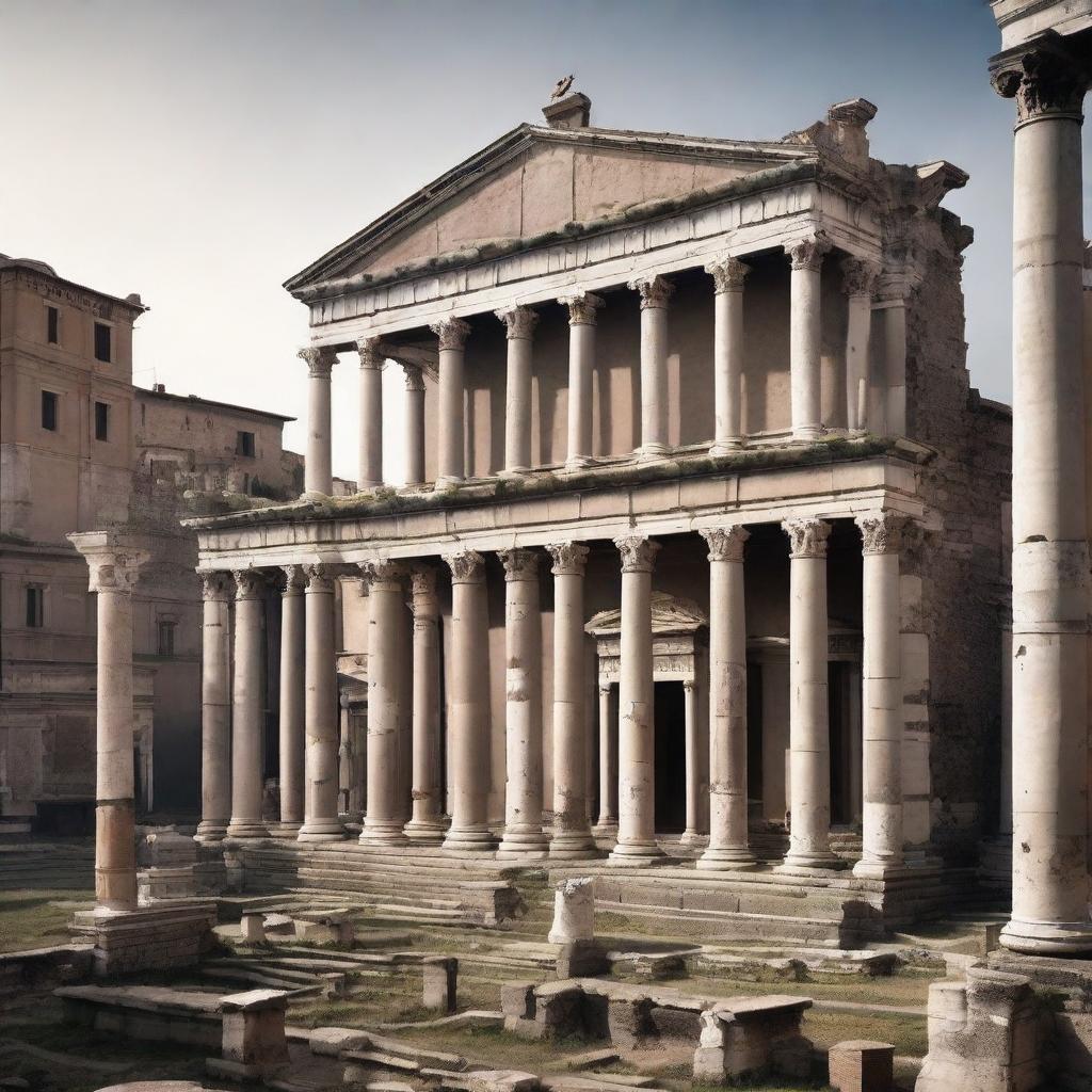 A modern Roman forum in perfect condition, blending ancient Roman architecture with contemporary elements