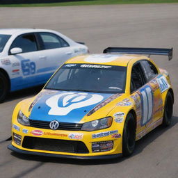 A Volkswagen car styled in a NASCAR mode, decked out in rich, bright colors, equipped with racing alterations, and festooned with various sponsor logos.