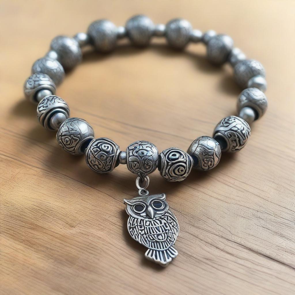 An antique bracelet featuring a silver-plated owl charm