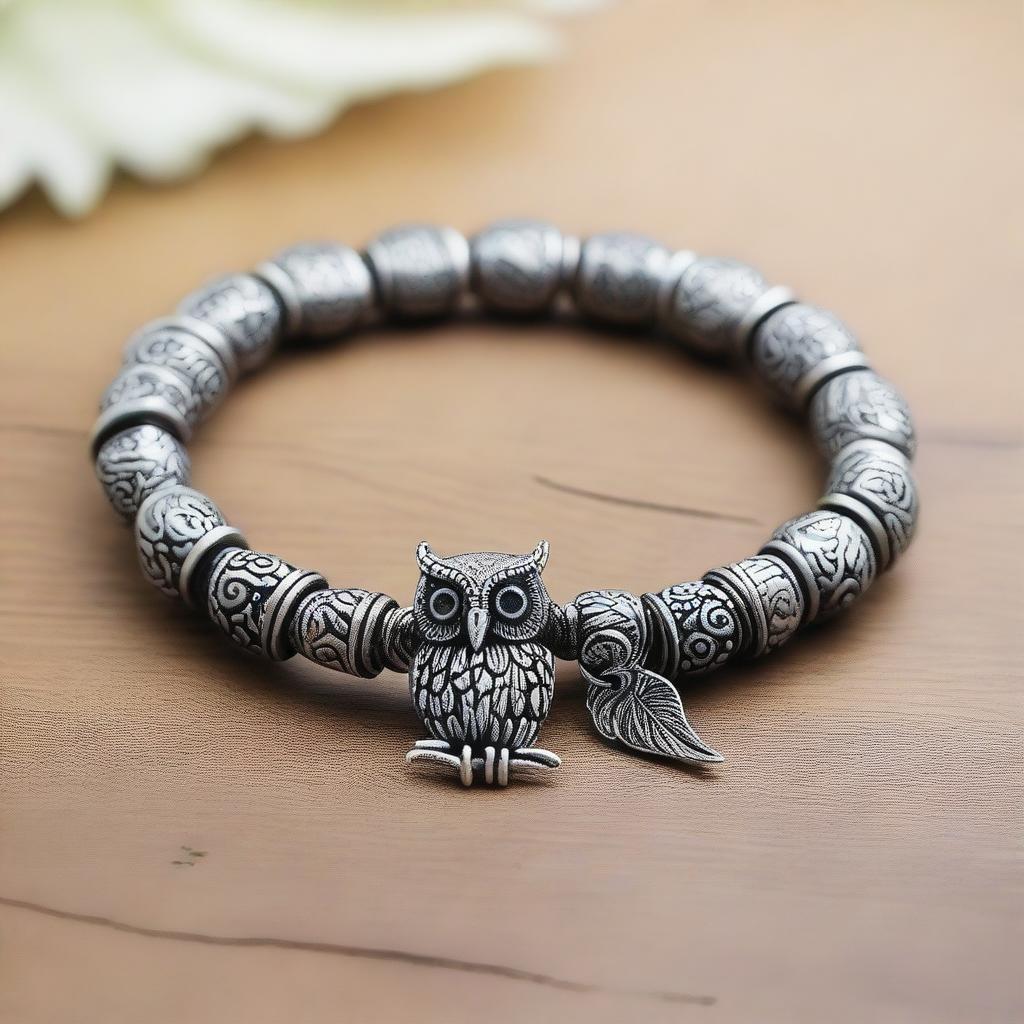 An antique bracelet featuring a silver-plated owl charm
