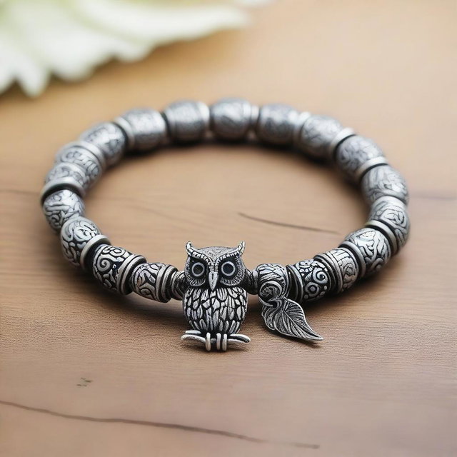 An antique bracelet featuring a silver-plated owl charm