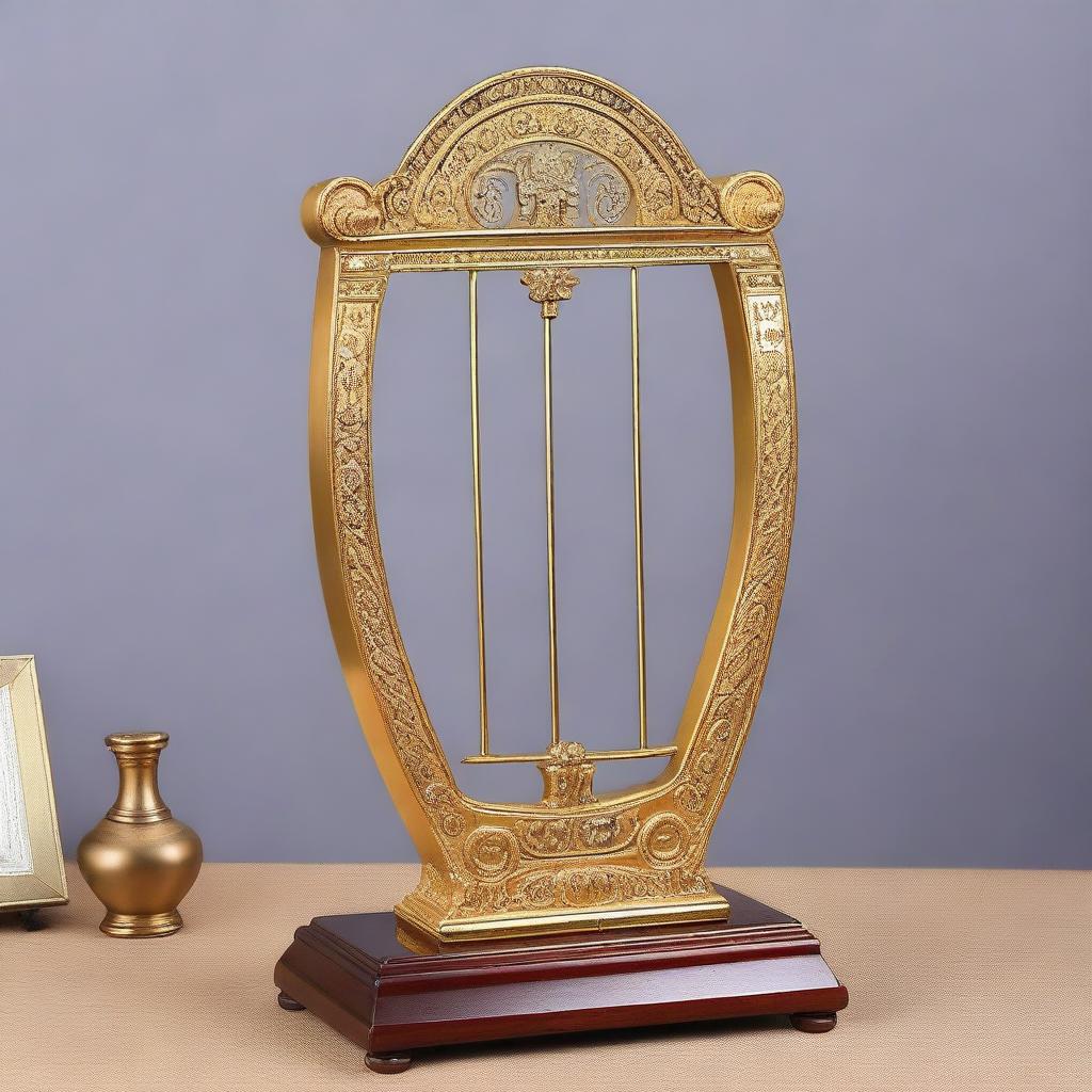 A Roman-style golden lyre with engraved decorations, giving it an antique look