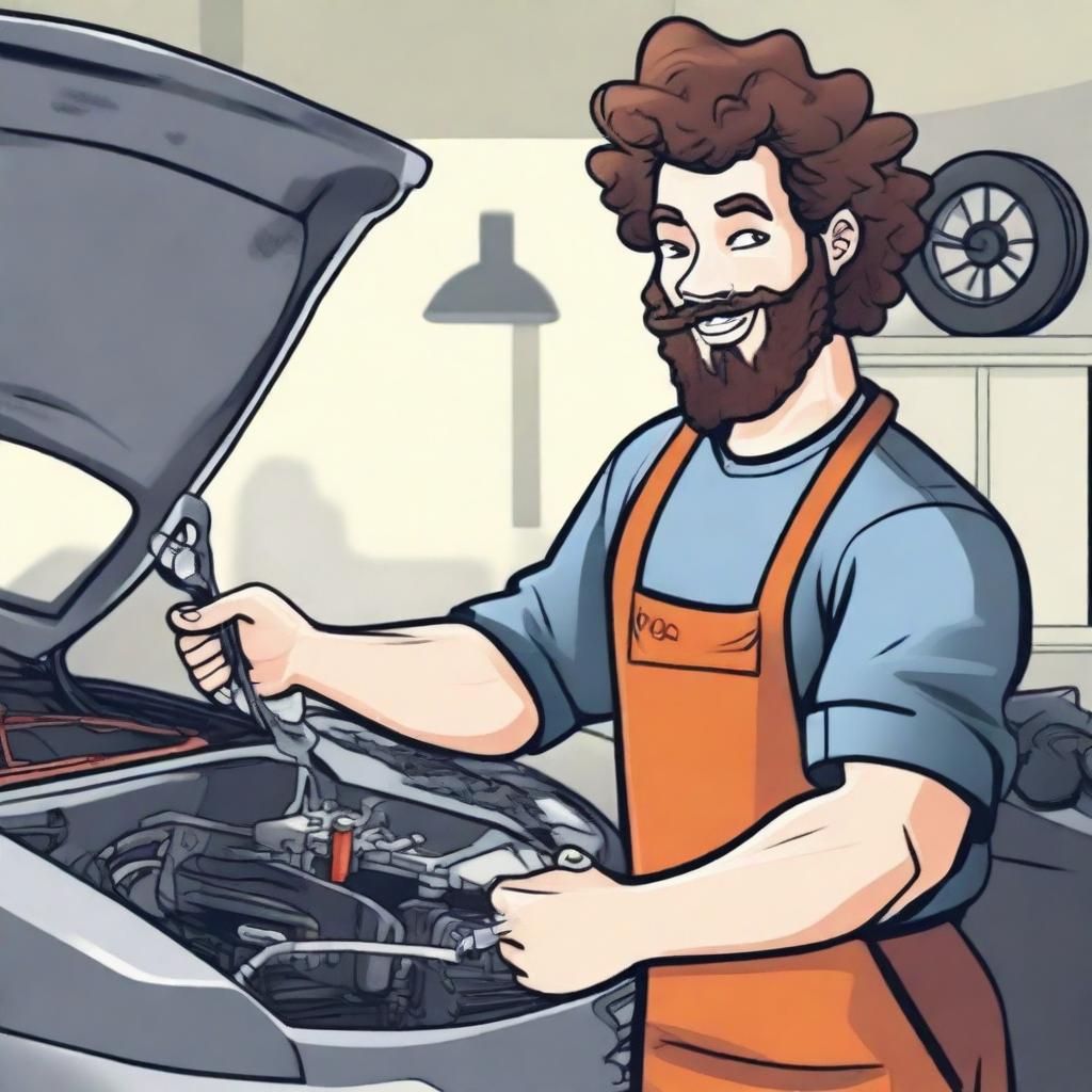 Create an image of a young mechanic with curly hair and a beard, repairing a car