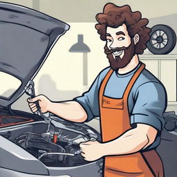 Create an image of a young mechanic with curly hair and a beard, repairing a car