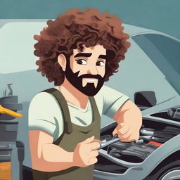 Create an image of a young mechanic with curly hair and a beard, repairing a car