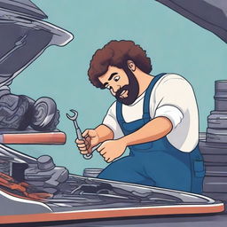 Create an image of a young mechanic with curly hair and a beard, repairing a car