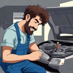 Create an image of a young mechanic with curly hair and a beard, repairing a car