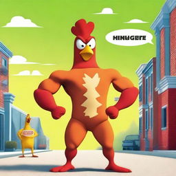 Create an image of a muscular man dressed in a chicken costume