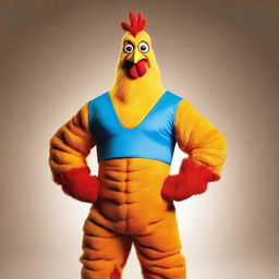 Create an image of a muscular man dressed in a chicken costume