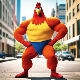 Create an image of a muscular man dressed in a chicken costume