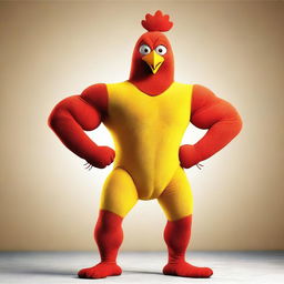 Create an image of a muscular man dressed in a chicken costume