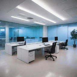 A modern computer institution with state-of-the-art technology and bright, inviting interior design. Innovative workstations, high-end computer equipment, and futuristic lighting effects.