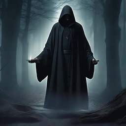 Create a dark-themed fantasy movie poster set in a mystical world