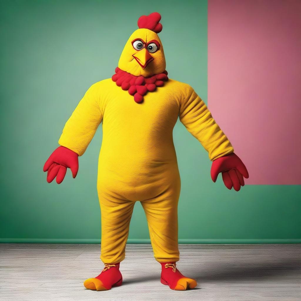 Create an image of a muscular man dressed in a chicken costume, with his human face visible