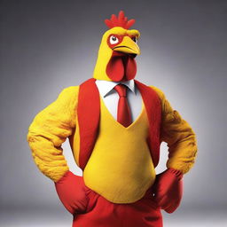 Create an image of a muscular man dressed in a chicken costume, with his human face visible