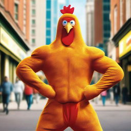 Create an image of a muscular man dressed in a chicken costume, with his human face visible