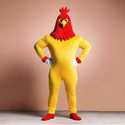 Create an image of a muscular man dressed in a chicken costume, with his human face visible