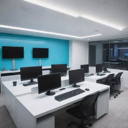 A modern computer institution with state-of-the-art technology and bright, inviting interior design. Innovative workstations, high-end computer equipment, and futuristic lighting effects.