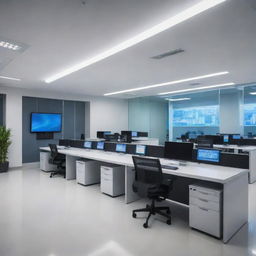 A modern computer institution with state-of-the-art technology and bright, inviting interior design. Innovative workstations, high-end computer equipment, and futuristic lighting effects.