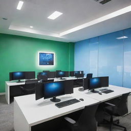 A modern computer institution with state-of-the-art technology and bright, inviting interior design. Innovative workstations, high-end computer equipment, and futuristic lighting effects.