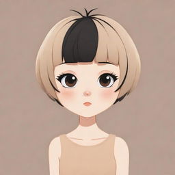 A 2D cartoon-style illustration of a short-haired girl, rendered in a kawaii aesthetic with a colour scheme of nude, black, and beige