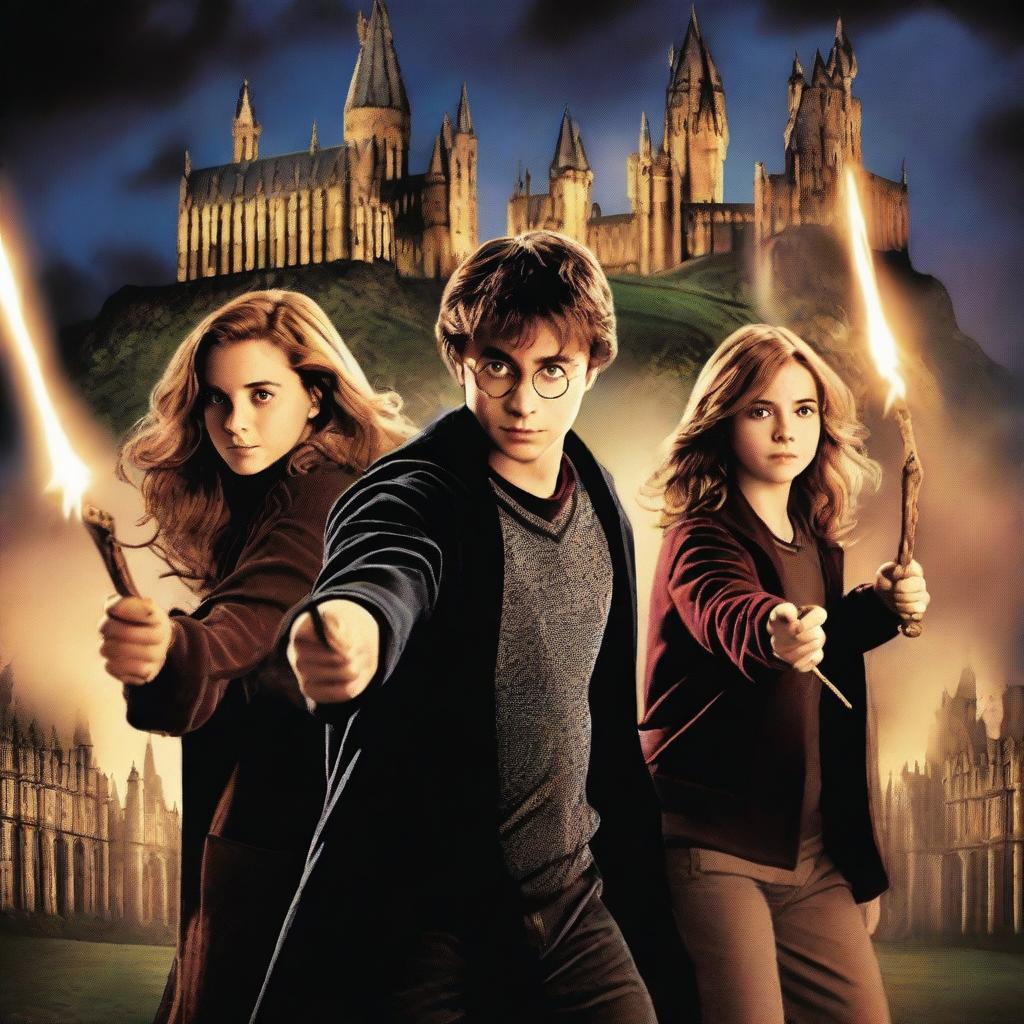 Create a movie poster for a film titled 'Triple Magia' featuring Harry, Hermione, and Ron from the Harry Potter series