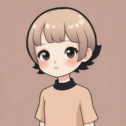 A 2D cartoon-style illustration of a short-haired girl, rendered in a kawaii aesthetic with a colour scheme of nude, black, and beige