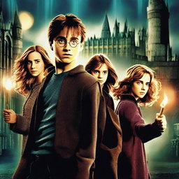 Create a movie poster for a film titled 'Triple Magia' featuring Harry, Hermione, and Ron from the Harry Potter series