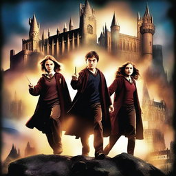 Create a movie poster for a film titled 'Triple Magia' featuring Harry, Hermione, and Ron from the Harry Potter series