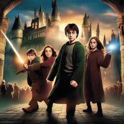 Create a movie poster for a film titled 'Triple Magia' featuring Harry, Hermione, and Ron from the Harry Potter series