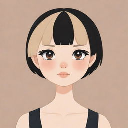 A 2D cartoon-style illustration of a short-haired girl, rendered in a kawaii aesthetic with a colour scheme of nude, black, and beige