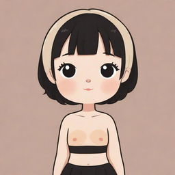 A 2D cartoon-style illustration of a short-haired girl, rendered in a kawaii aesthetic with a colour scheme of nude, black, and beige