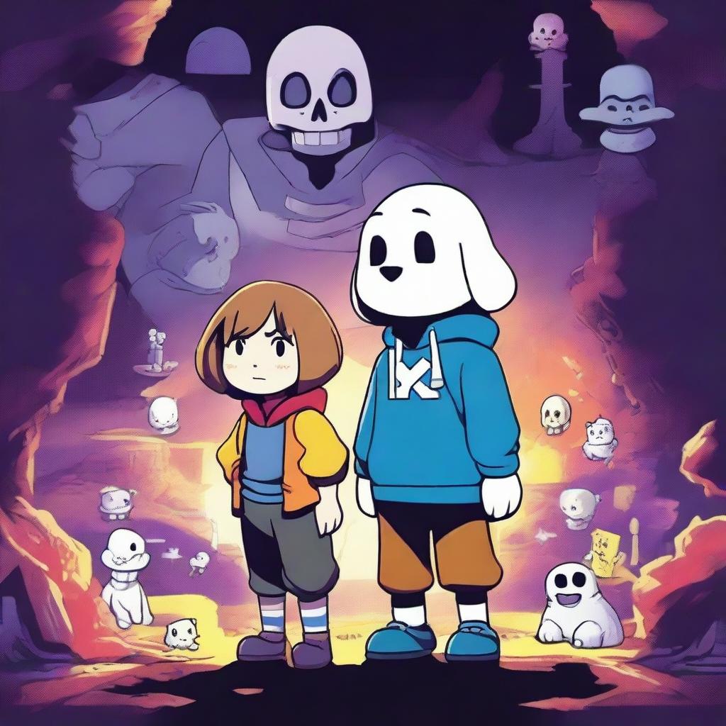 A vibrant and captivating poster for an Undertale movie, featuring iconic characters like Frisk, Sans, Papyrus, and Toriel in a dramatic and adventurous setting