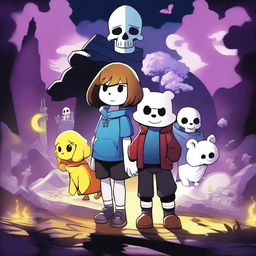 A vibrant and captivating poster for an Undertale movie, featuring iconic characters like Frisk, Sans, Papyrus, and Toriel in a dramatic and adventurous setting