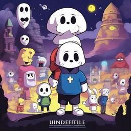 A vibrant and captivating poster for an Undertale movie, featuring iconic characters like Frisk, Sans, Papyrus, and Toriel in a dramatic and adventurous setting