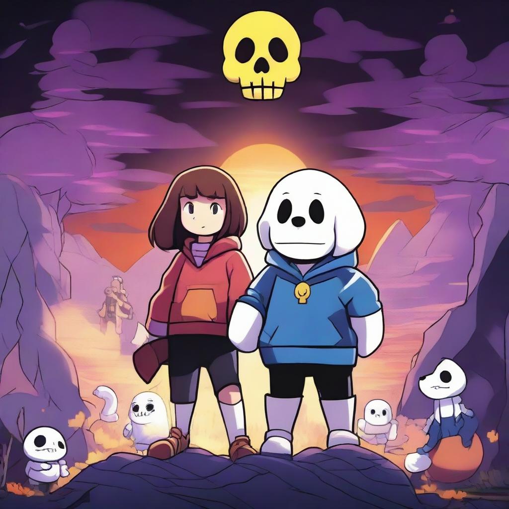 A vibrant and captivating poster for an Undertale movie, featuring iconic characters like Frisk, Sans, Papyrus, and Toriel in a dramatic and adventurous setting