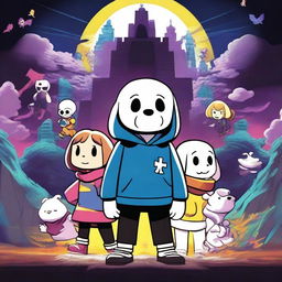 A vibrant and captivating poster for an Undertale movie, featuring iconic characters like Frisk, Sans, Papyrus, and Toriel in a dramatic and adventurous setting
