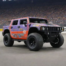 A Hummer reinvented in the NASCAR style, boasting bold colors, race track modifications, and adorned with diverse sponsor decals.